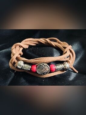 Brown Suede Wrap Bracelet w/ Pink Beads Floral Metal Accent